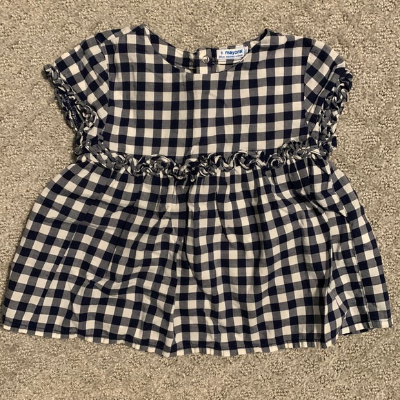 Mayoral Other - Mayoral short sleeve navy blue and white checkered with ruffle detail size 3